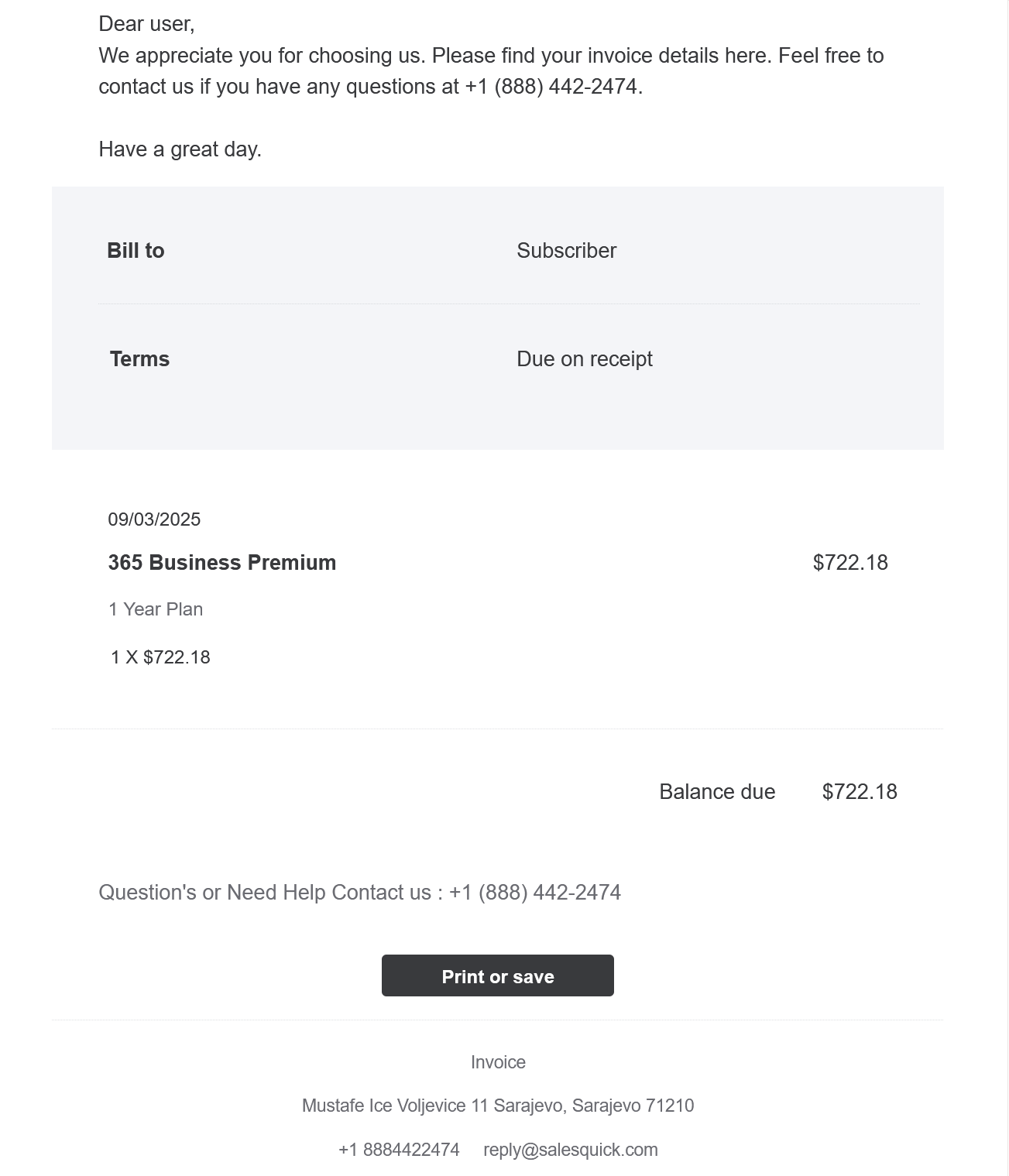 Second email regarding the $722 invoice